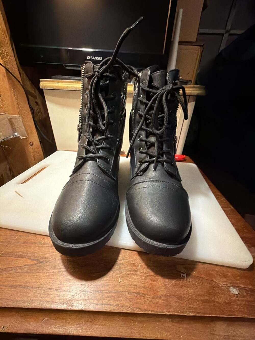 Unbranded Black Combat Boots with Snake Print Detail Size 7